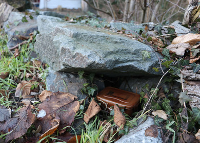 Ist diese braue Box, die unter dem Stein versteckt ist, ein Cache?